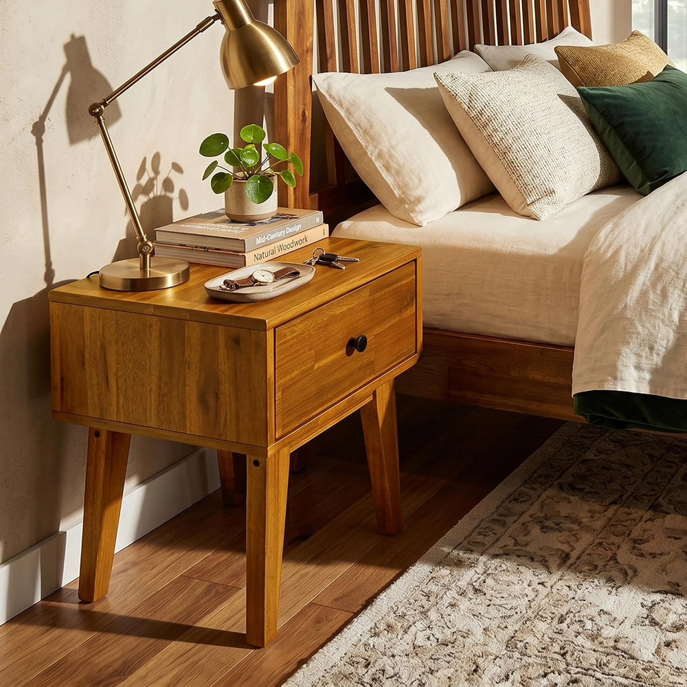 Acacia Sofia Nightstand with Drawer, Bedside Table, Solid Wood Bedside End Ta...