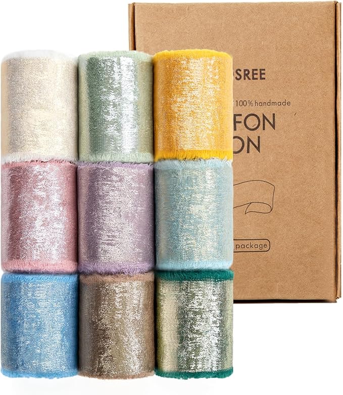 Multicolour Silk Chiffon Ribbon, Frayed Shimmery Silk Ribbon by KEOSREE