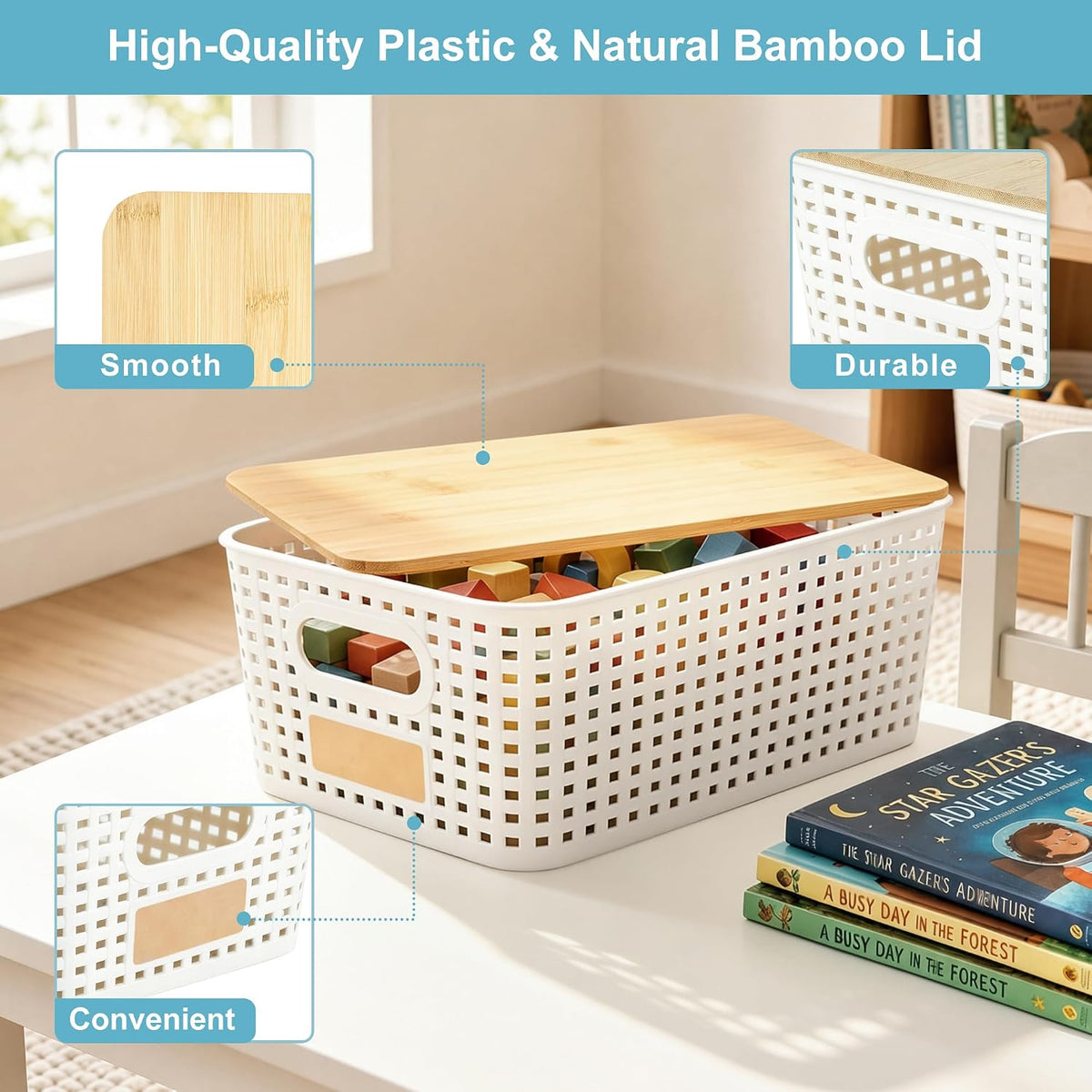 bagnizer small plastic storage bins with bamboo lids shown in use