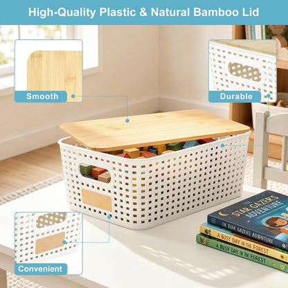bagnizer small plastic storage bins with bamboo lids shown in use
