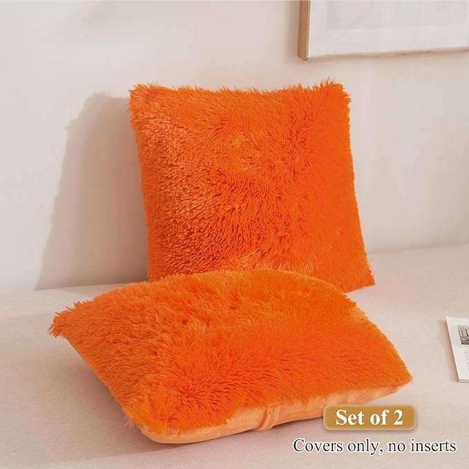 XeGe Faux Fur Throw Pillow Covers, Luxury Fluffy Plush Orange Pillow Shams - Image 2