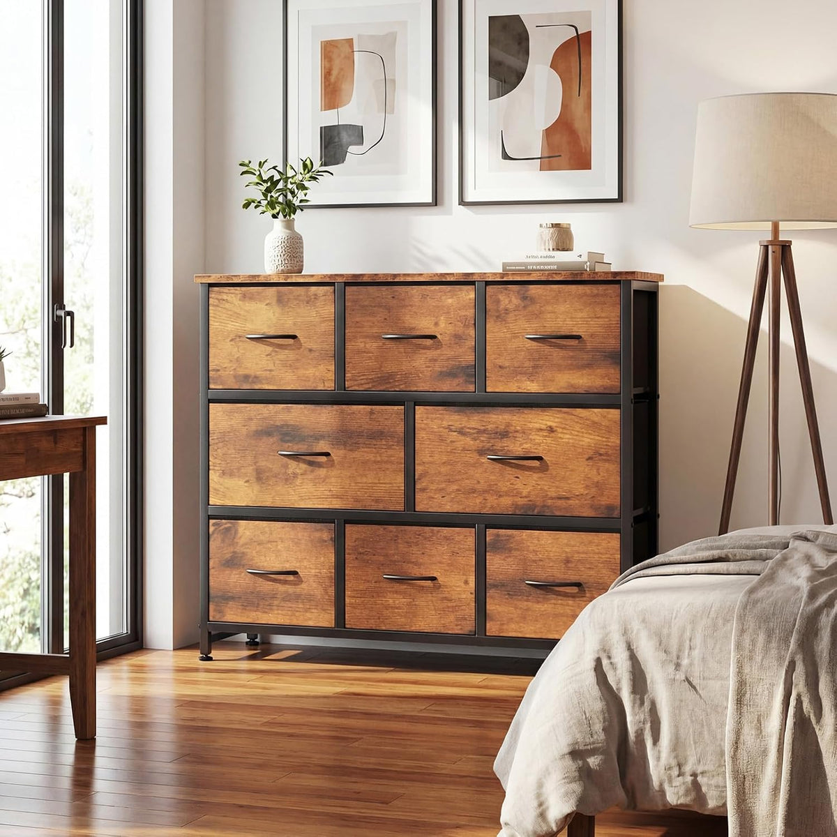 dumos wide dresser with 8 fabric drawers and shown in use
