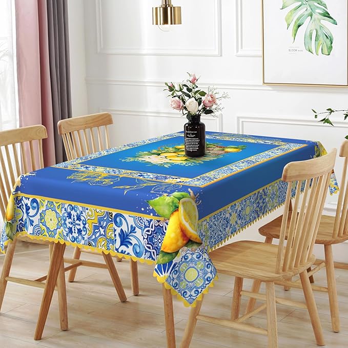 54x70inches Blue and Yellow Rectangle Tablecloth Summer Fruit Lemon Boho Floral by TTQYFNM