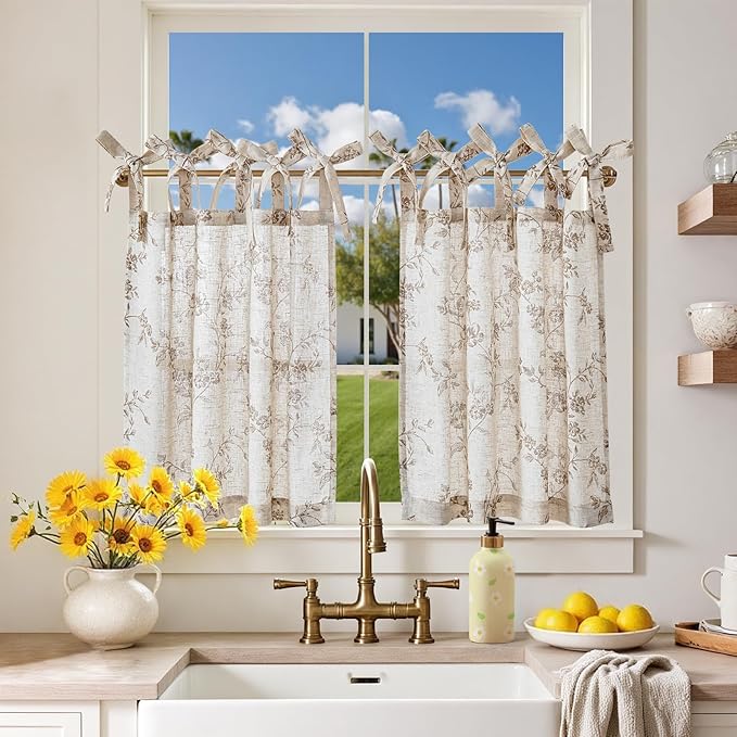 jinchan Floral Kitchen Curtains 24 Inch Linen Tier Curtains Farmhouse Cafe Half by JINCHAN