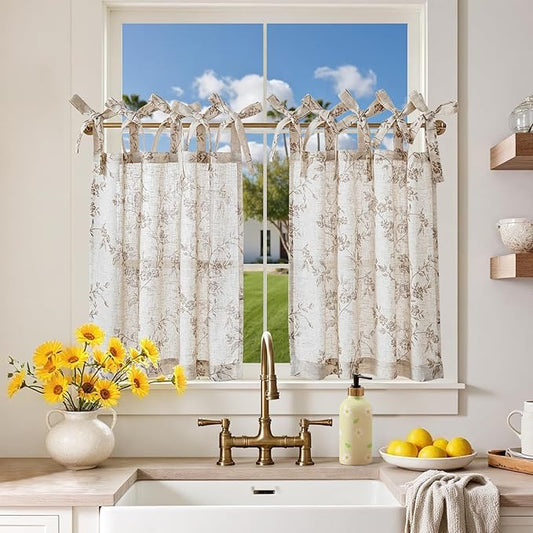 jinchan Floral Kitchen Curtains 24 Inch Linen Tier Curtains Farmhouse Cafe Half by JINCHAN