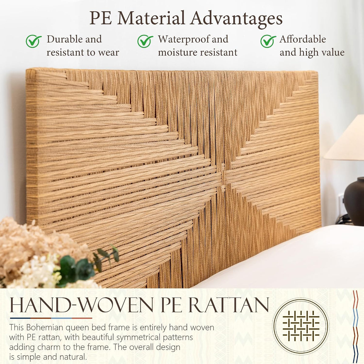 yechen boho full bed frame with headboard and, close-up detail