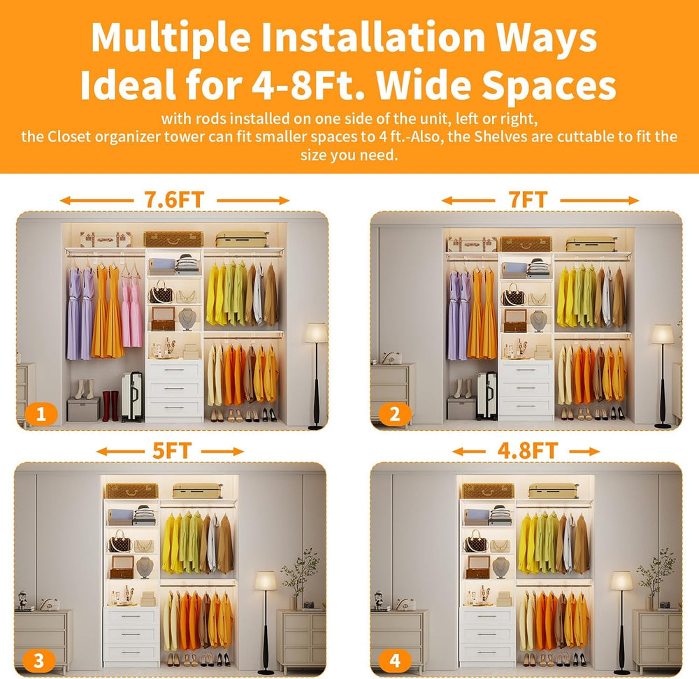 Closet System with 3 Wood Drawers, 5-7.61FT Closet Organizer System with Cutt...