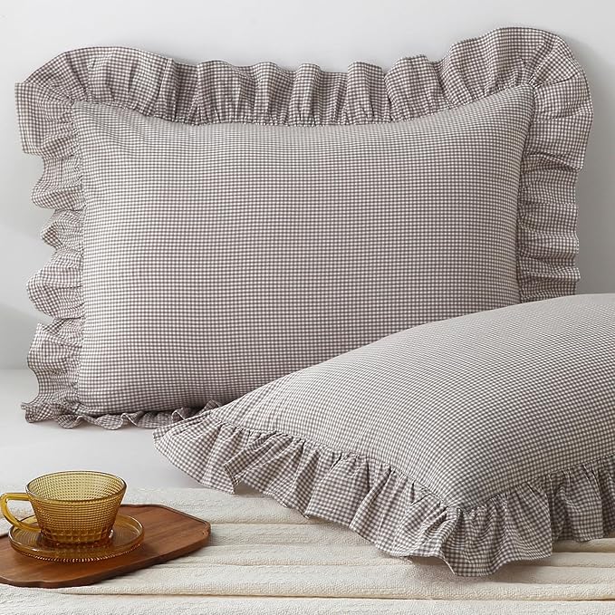 Aryeleay 2 Pack Brown White Plaid Ruffle Throw Pillow Covers, 100% Cotton by Aryeleay
