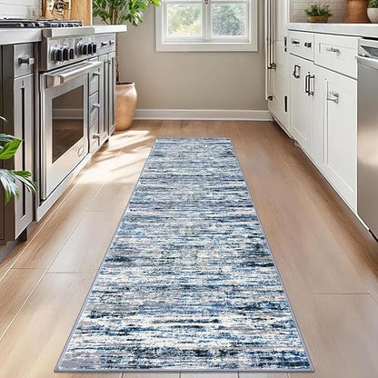 Modern Abstract Bedroom Runner Rug 2x7, Non-Slip Soft Thin Faux Wool Mat - Image 2