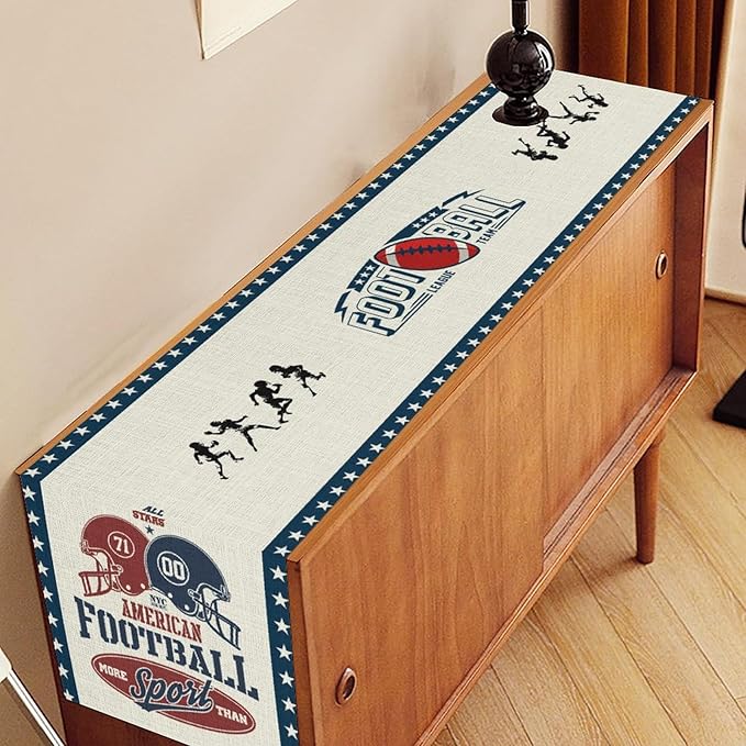 Rugby Table Runner, Retro Blue Seasonal Rugby Boy Football Game Day Touch Down - Image 3