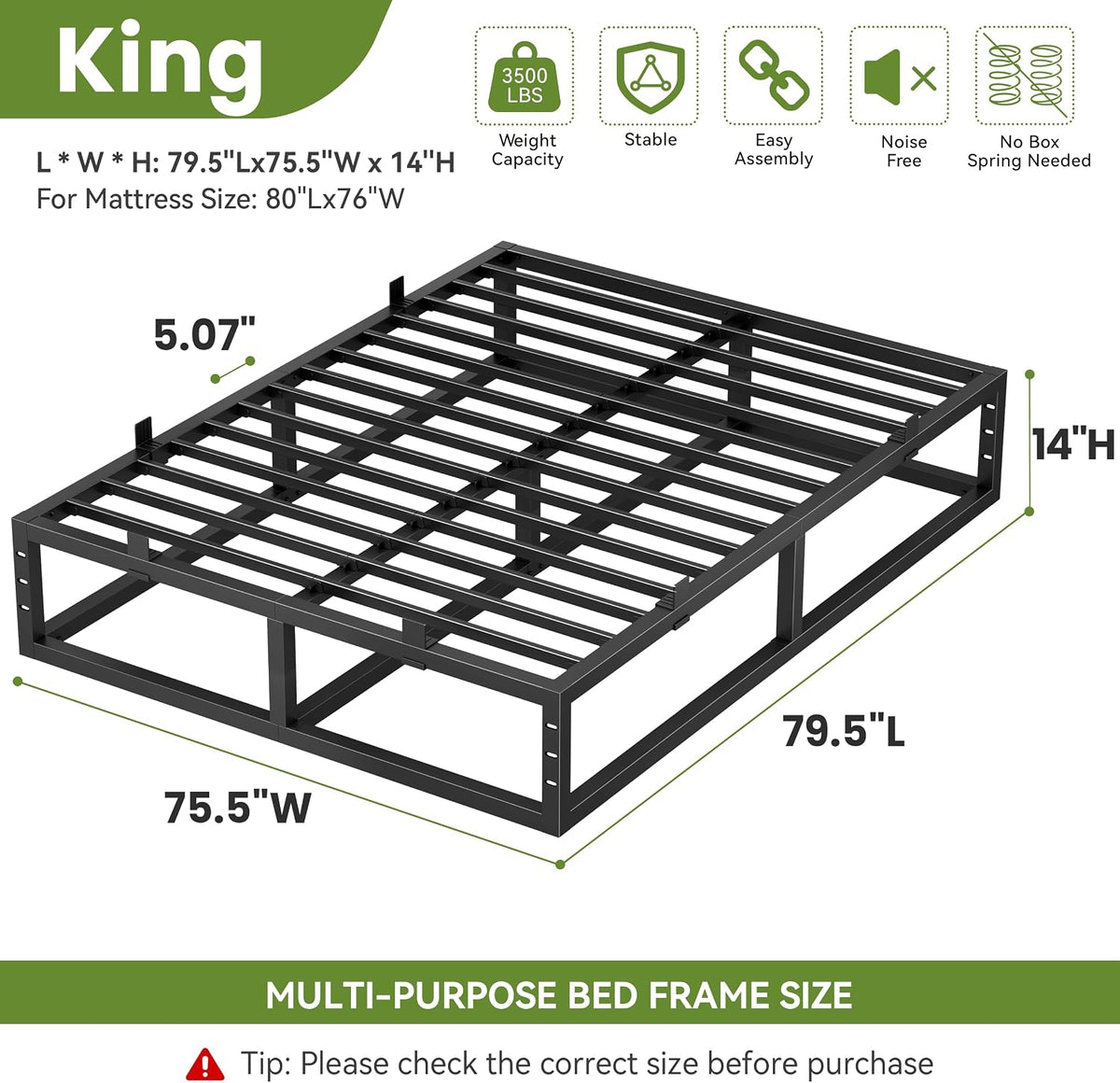14 inch kind size bed frame,metal platform upgrade, close-up detail