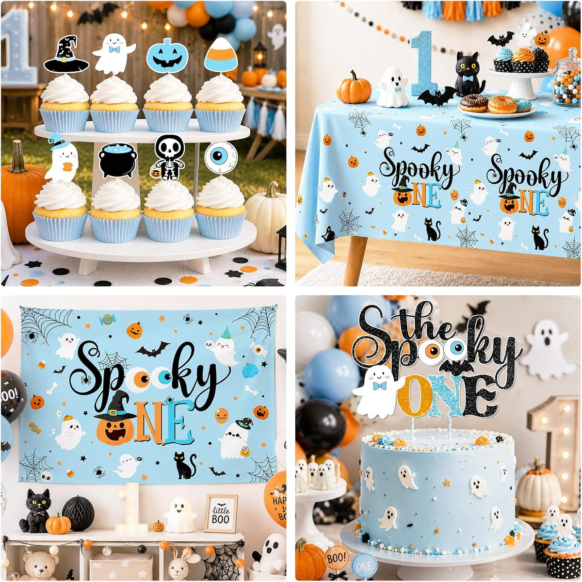 Spooky One Birthday Decorations Boy,123pcs Halloween 1st Birthday Party Decorations The Spooky One Banner Backdrop Tablecloth Cake Topper Balloon Arch for First birthday Halloween Decor