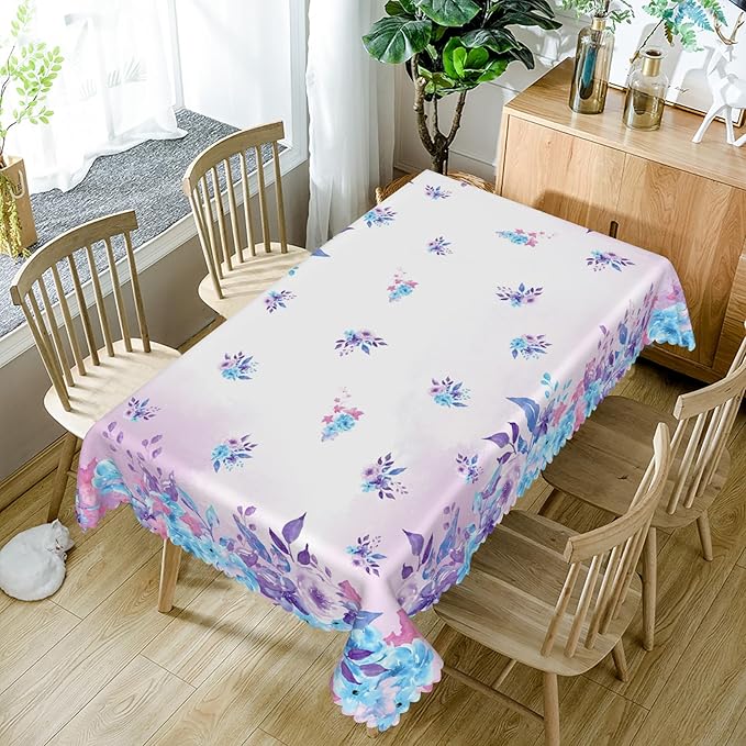 70x140inches Floral Rectangle Tablecloth Watercolor Purple Blue Flowers Printed - Image 5