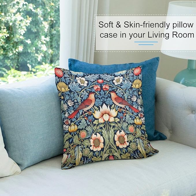 William Morris Floral Original Throw Pillow Covers Boho Chic Retro Floral Bird - Image 5