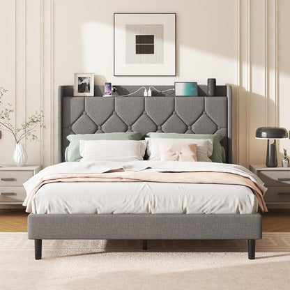 queen size bed frame, linen upholstered storage headboard&, main product view