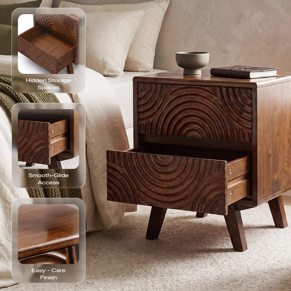 Acacia Harmony Solid Wood Nightstand with 2 Drawers, Bedside Table, Walnut