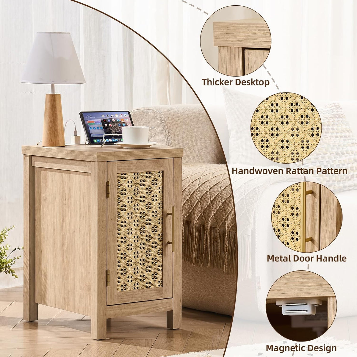 yufam rattan nightstand set of 2 with charging showing dimensions