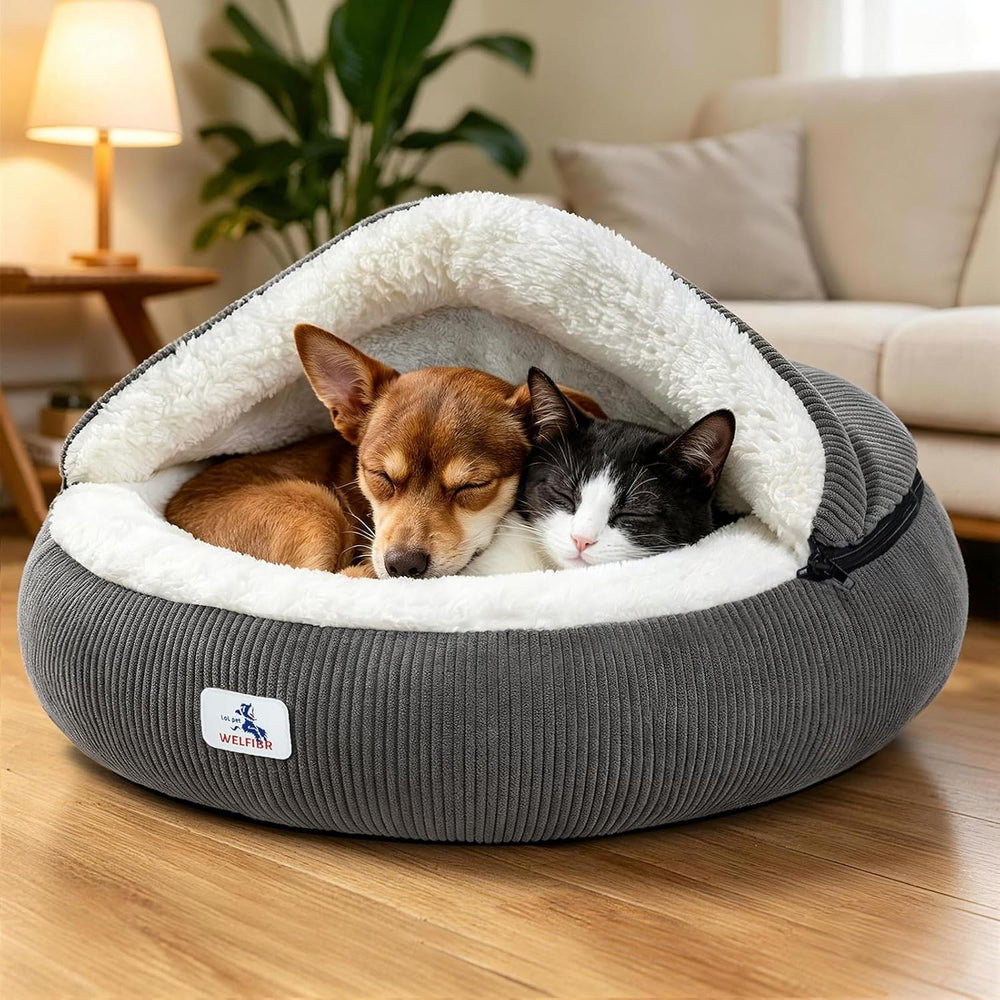 Calming Cozy Dog Cave Cover Bed, Burrow Small Doggy Anti Anxiety