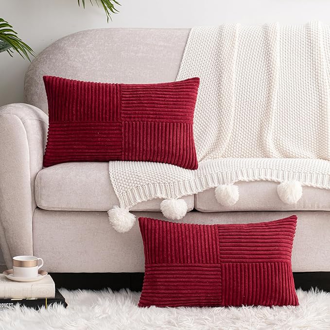 HWY 50 Burgundy Red Corduroy Patchwork Throw Pillow Covers 12x20 Inch Rectangle - Image 6