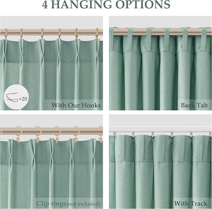 Aqua Green Pinch Pleated Linen Curtains 108 Inch Length 2 Panels - Image 5