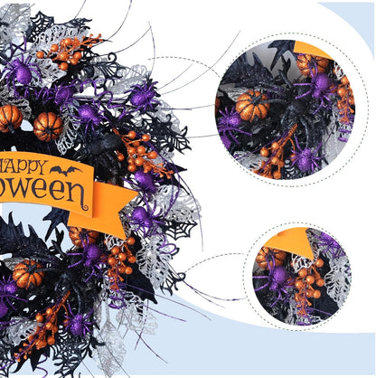 22 Inch Halloween Glitter Pumpkin Spider Wreath for Front Door