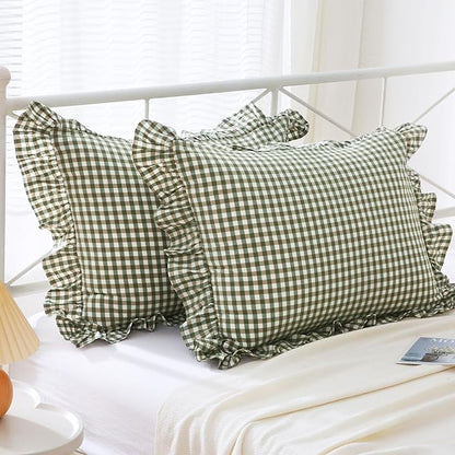 Green Plaid Ruffle King Size Pillow Shams 20"x36", 2 Pack Washed Cotton by Mywinlle