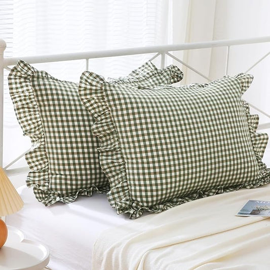 Sage Green Plaid Ruffle Queen Size Pillow Shams 20"x30", 2 Pack Washed Cotton by Mywinlle