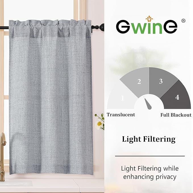 Gwine Gray Kitchen Curtains 36 Inch Length 2 Panels, Light Filtering Textured - Image 2