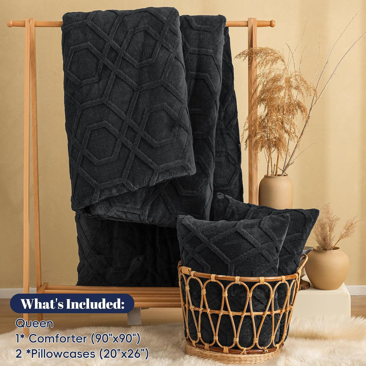 phf warm sherpa fleece queen comforter set, 3d, side view