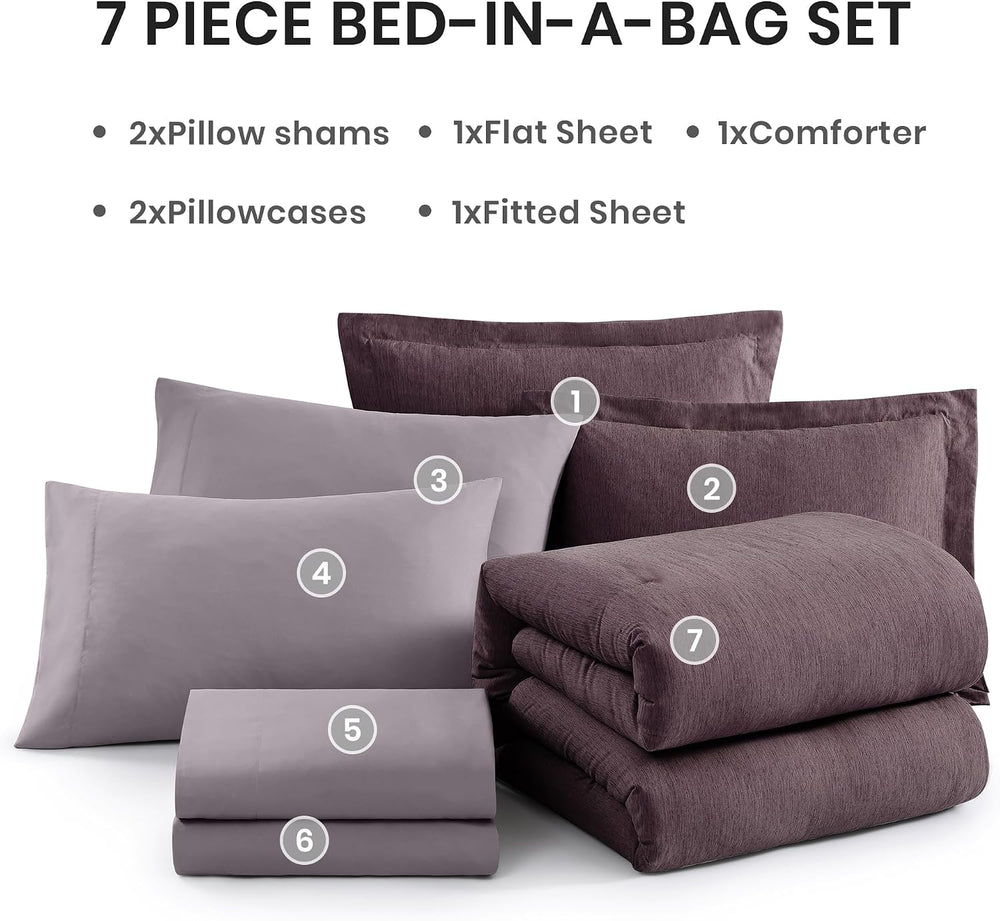 Monbix Full Size Comforter Set 7 Pieces Italian Plum Bed in a Bag