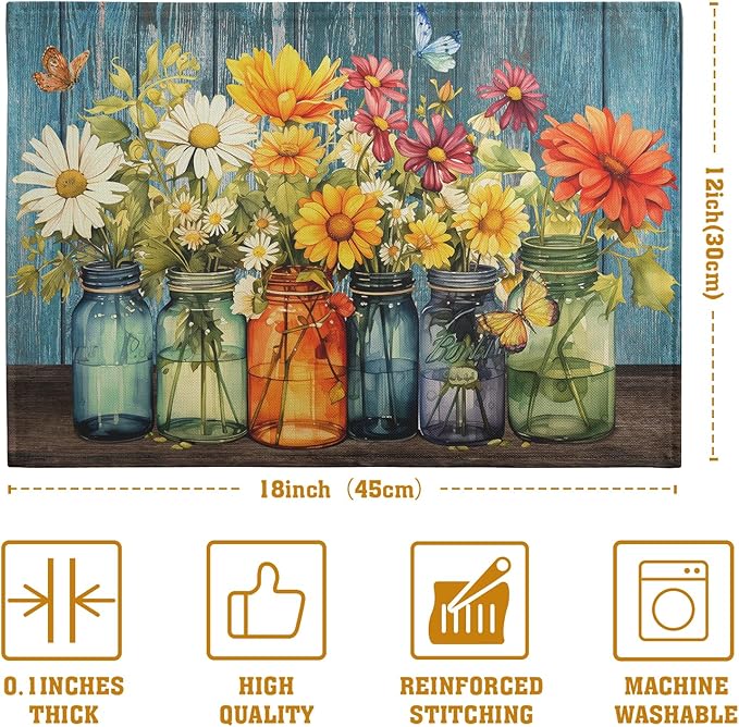 Rustic Daisy Placemats Set of 4 Vintage Flower Vases Wood Grain Linen Table - Image 4