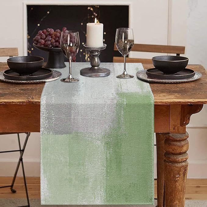 Emvency Farmhouse Table Runner, Vintage Green and Grey Abstract Art Painting by Emvency