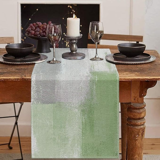 Emvency Farmhouse Table Runner, Vintage Green and Grey Abstract Art Painting by Emvency