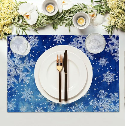 Winter Blue Snowflake Placemats Set of 4 Merry Christmas Snowflakes Linen - Image 3
