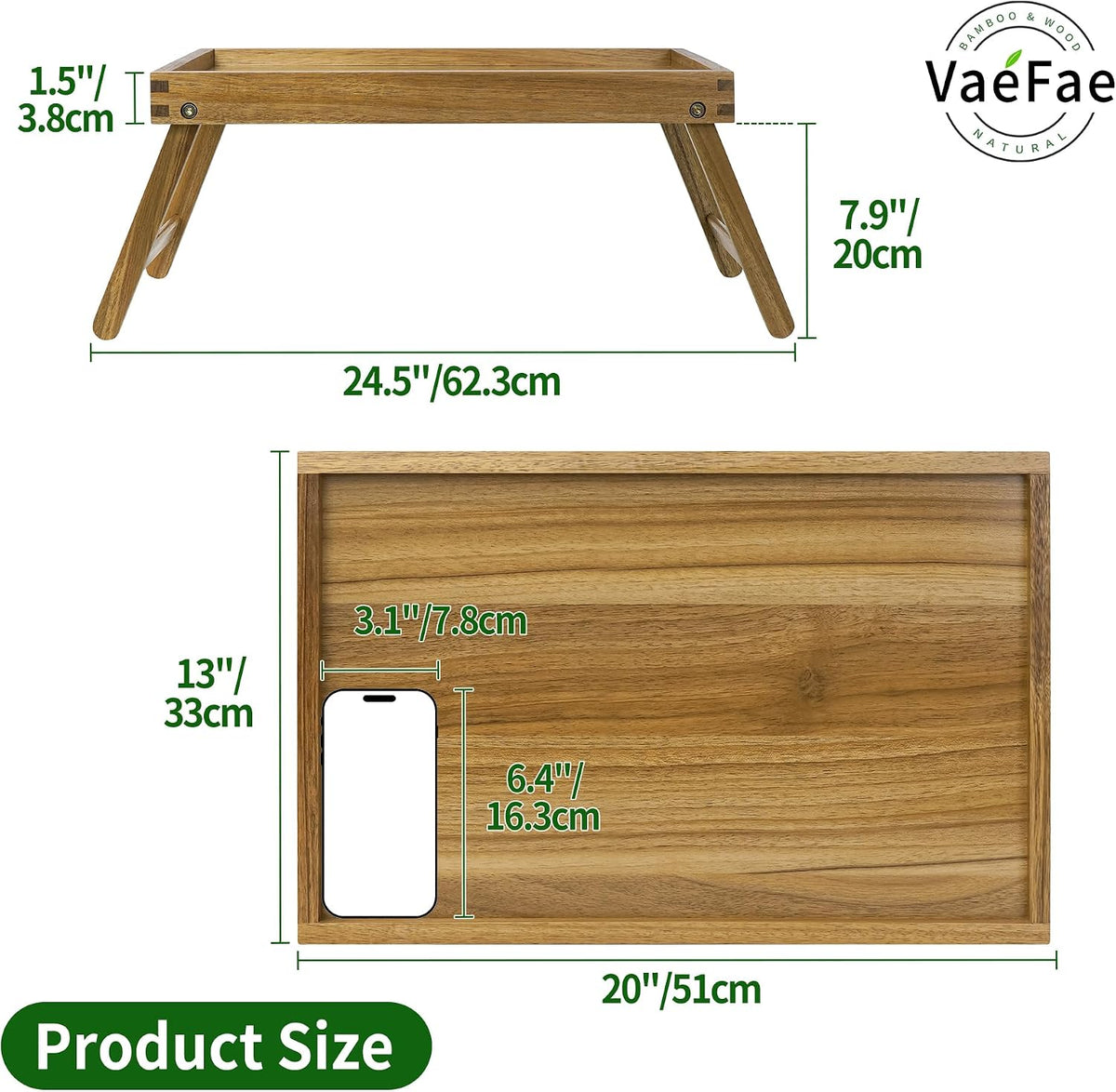 vaefae acacia bed tray table with folding legs, close-up detail