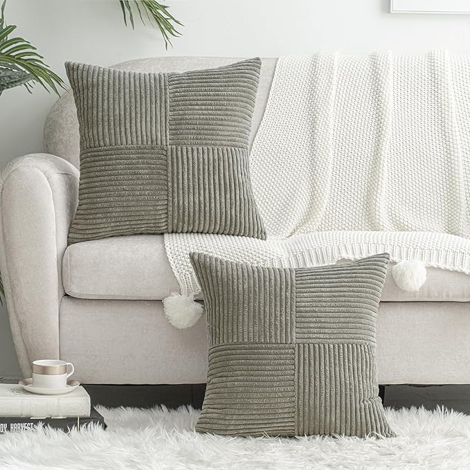 HWY 50 Gray Grey Corduroy Patchwork Throw Pillow Covers 18x18 Inch, Soft Cozy - Image 6