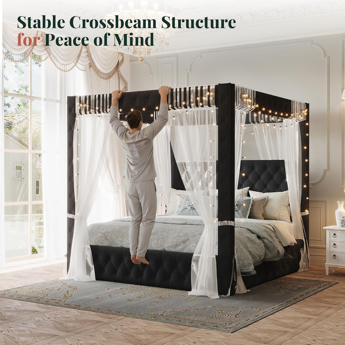 jocisland queen canopy bed frame velvet upholstered headboard, package contents
