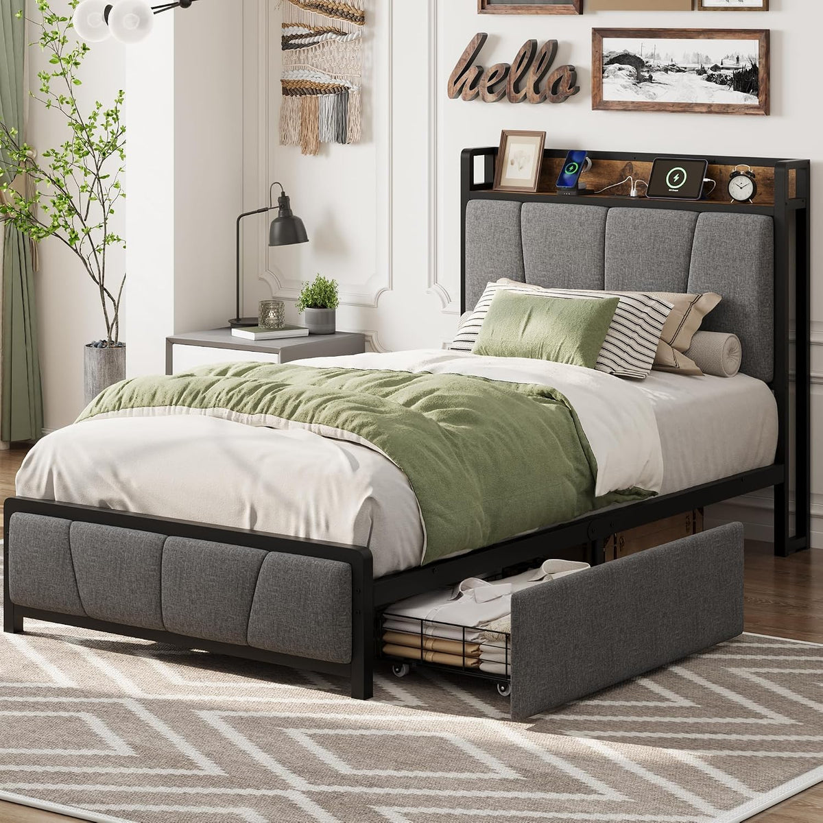gaomon twin size bed frame with 2 drawers, side view