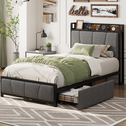 gaomon twin size bed frame with 2 drawers, side view