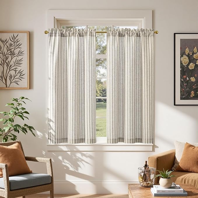 jinchan Striped Linen Kitchen Curtains 45 Inches Tier Curtains Farmhouse Modern by JINCHAN
