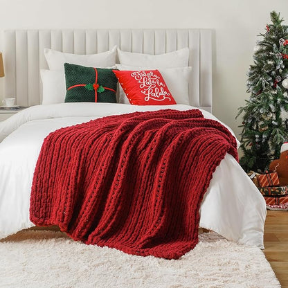Battilo Chunky Knit Throw Blanket, Soft and Thick Red Chenille Throw Blanket - Image 6
