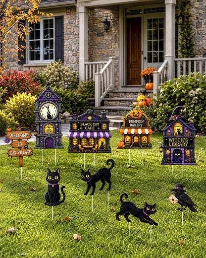 Halloween Yard Signs Outdoor Decorations - 12 Pcs Black Cat Village Set