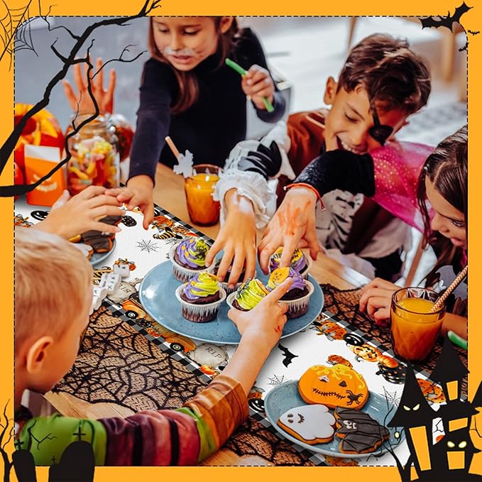 Happy Halloween Table Runner Black White Buffalo Plaid Pumpkin Truck Car Spider - Image 3