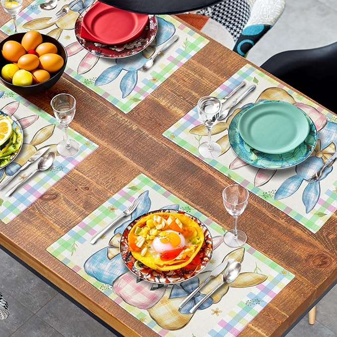 Easter Bunny Placemats Set of 4 Green Blue Pink Yellow Buffalo Plaid Rabbits - Image 7