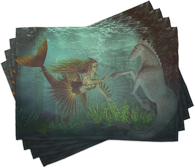 Ambesonne Mermaid Place Mats Set of 4, Mermaid Meets Seahorse Underwater World by Ambesonne