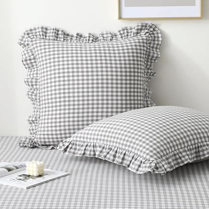 2 Pack Grey White Plaid Ruffle Gingham Euro Throw Pillow Covers, 100% Washed by KMASANIJI