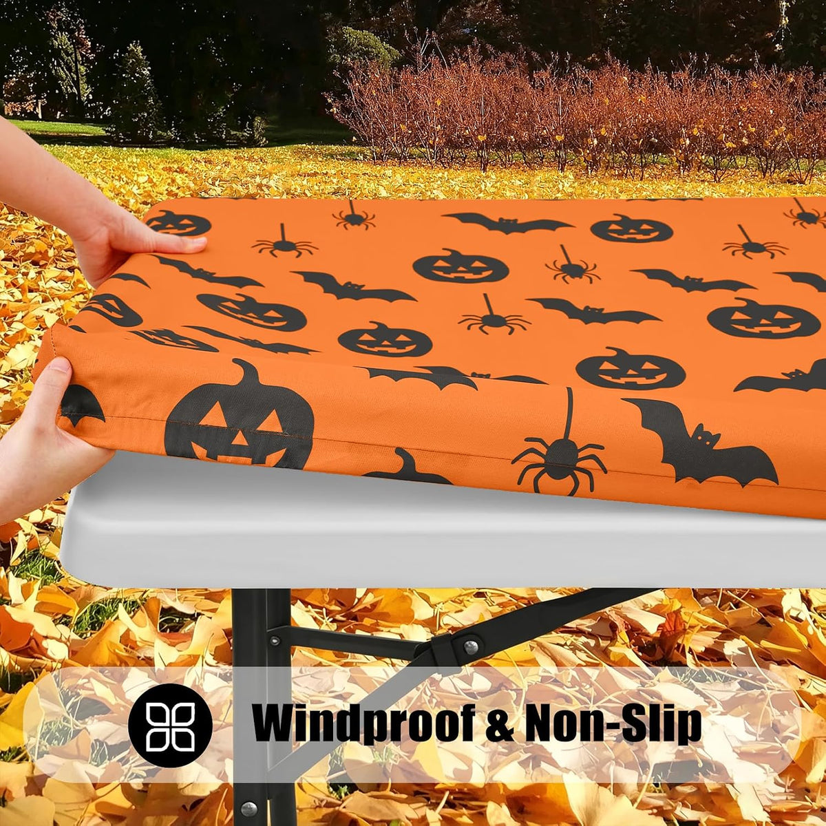 Smiry 2 Pack Rectangle Halloween Table Cloth, Waterproof Elastic Fitted Tablecloths, Washable Polyester Rectangular Patio Table Cover for Autumn Harvest Parties (Bat Pumpkin, 30"x96")
