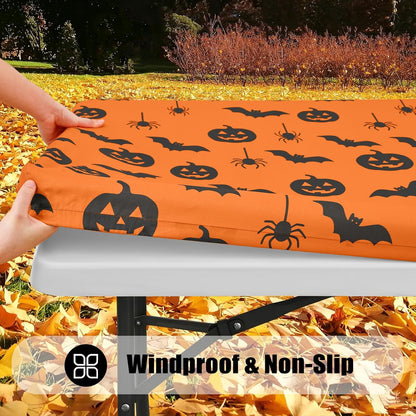 Smiry 2 Pack Rectangle Halloween Table Cloth, Waterproof Elastic Fitted Tablecloths, Washable Polyester Rectangular Patio Table Cover for Autumn Harvest Parties (Bat Pumpkin, 30"x96")