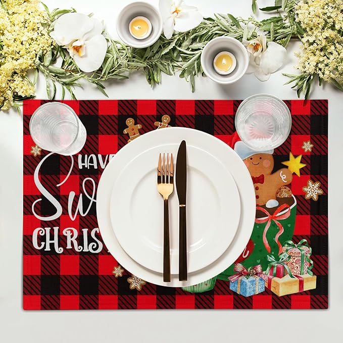 Giwawa Gingerbread Placemats Set of 4, Have A Sweet Christmas Red Black Buffalo - Image 3