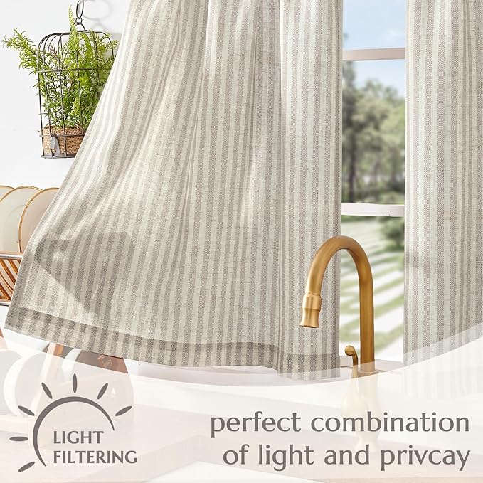 jinchan Striped Linen Kitchen Curtains 45 Inches Tier Curtains Farmhouse Modern - Image 5